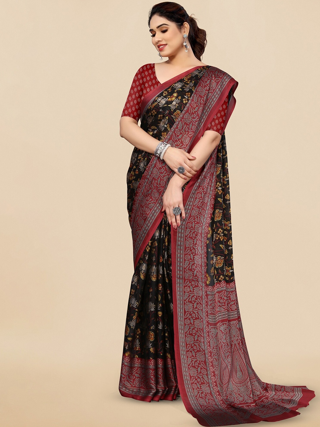 

KALINI Floral Printed Poly Chiffon Saree, Black
