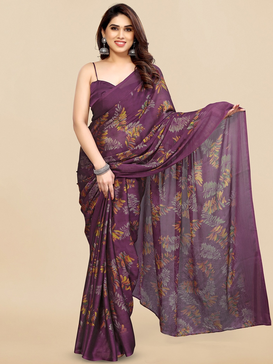 KALINI Floral Printed Poly Chiffon Saree, Magenta