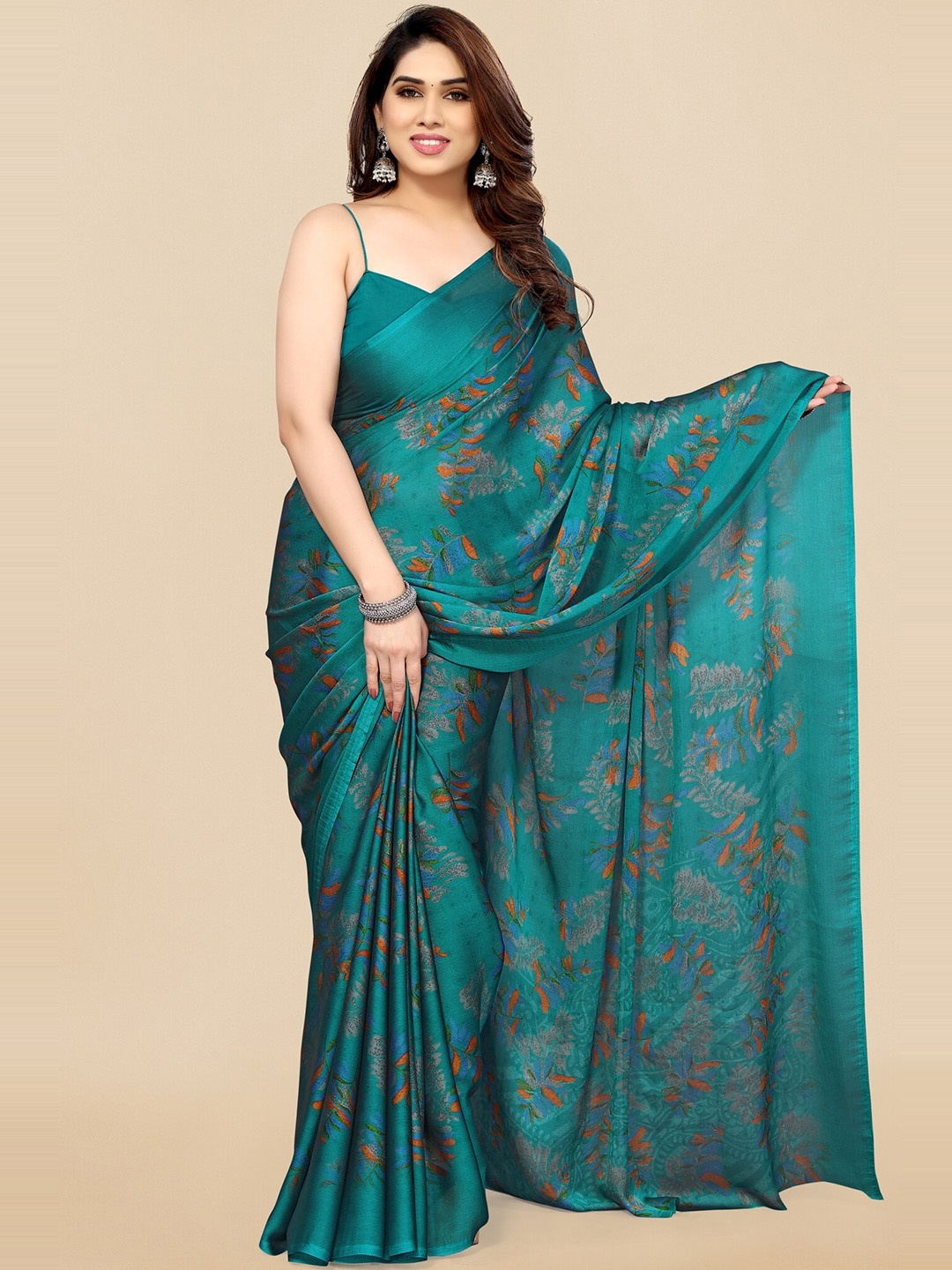 

KALINI Floral Printed Saree, Turquoise blue