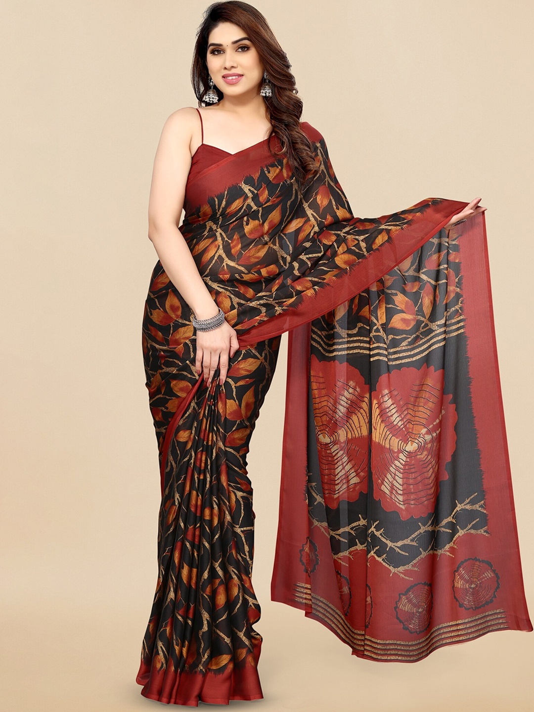 

KALINI Floral Printed Poly Chiffon Saree, Black