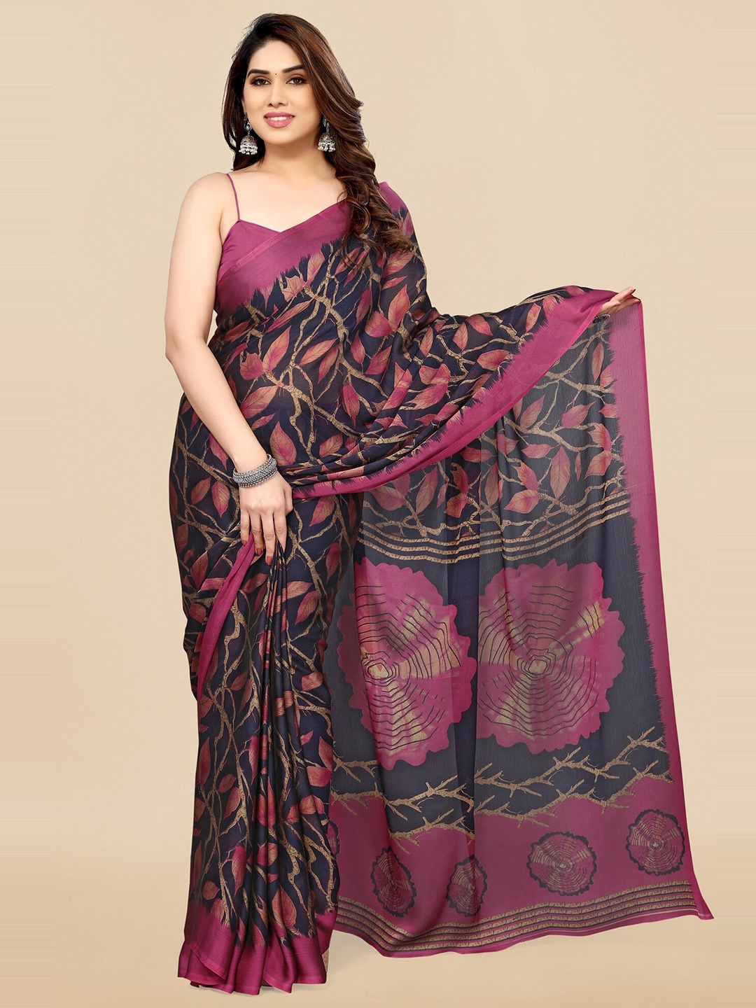 

KALINI Floral Printed Saree, Navy blue