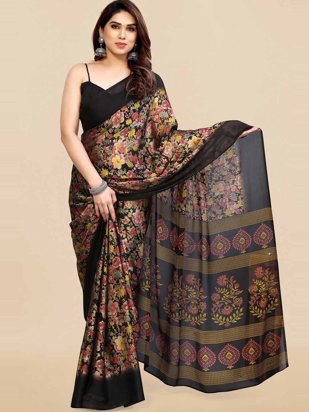 

KALINI Floral Printed Saree, Black
