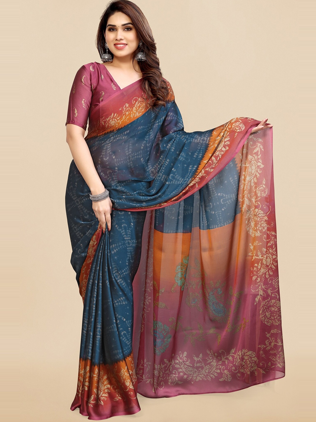 

KALINI Floral Printed Saree, Navy blue