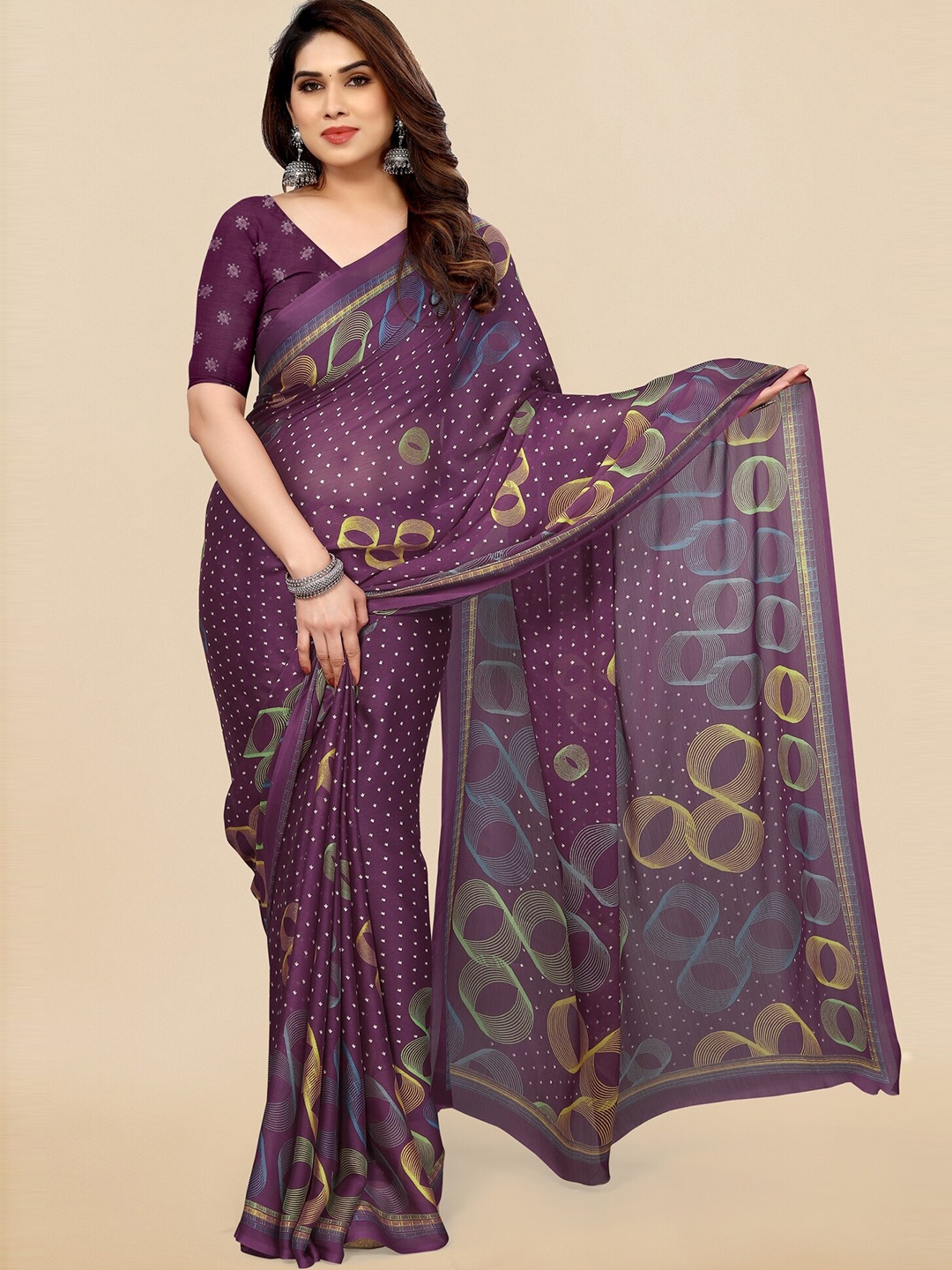 

KALINI Geometric Printed Saree, Purple