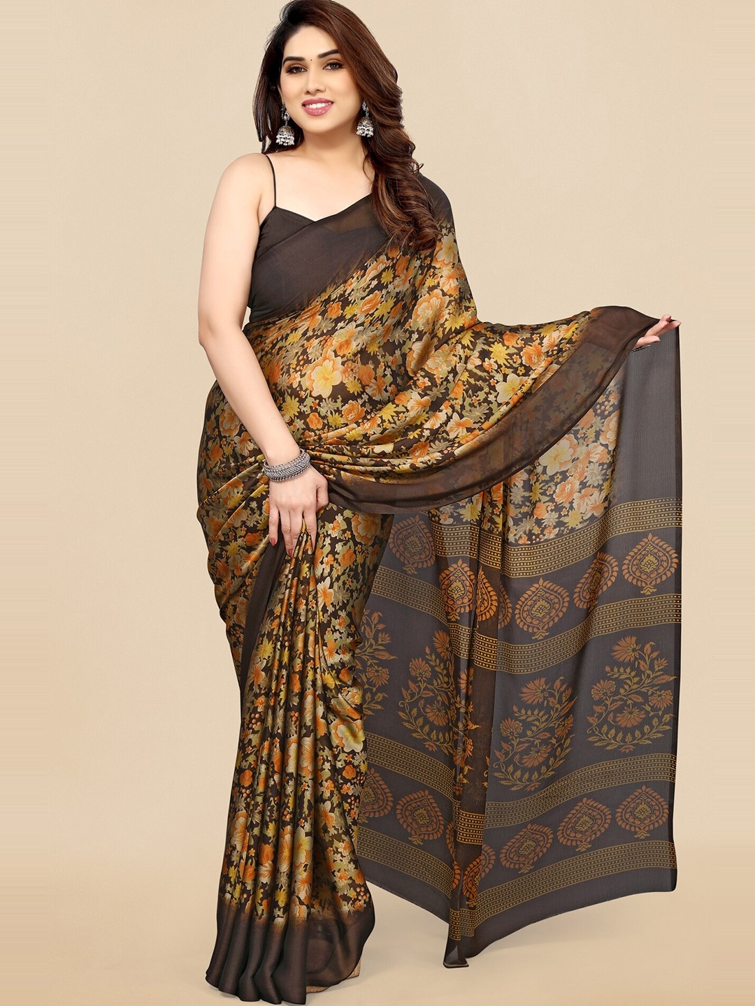 

KALINI Floral Printed Poly Chiffon Saree, Brown