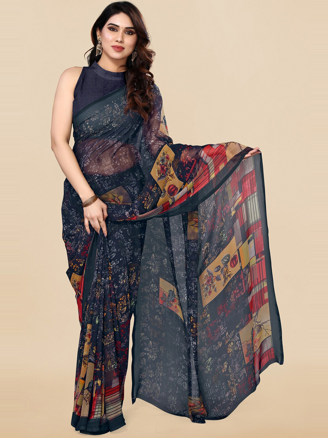 

KALINI Floral Printed Poly Georgette Saree, Navy blue