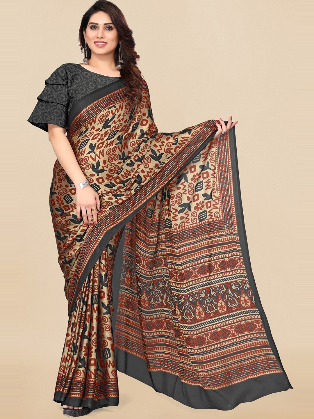 

KALINI Ethnic Motifs Printed Poly Chiffon Saree, Black