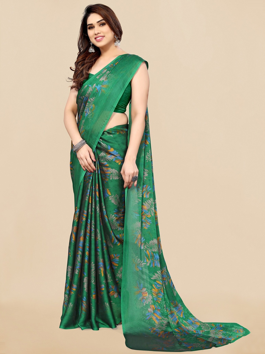 

KALINI Floral Printed Poly Chiffon Saree, Green