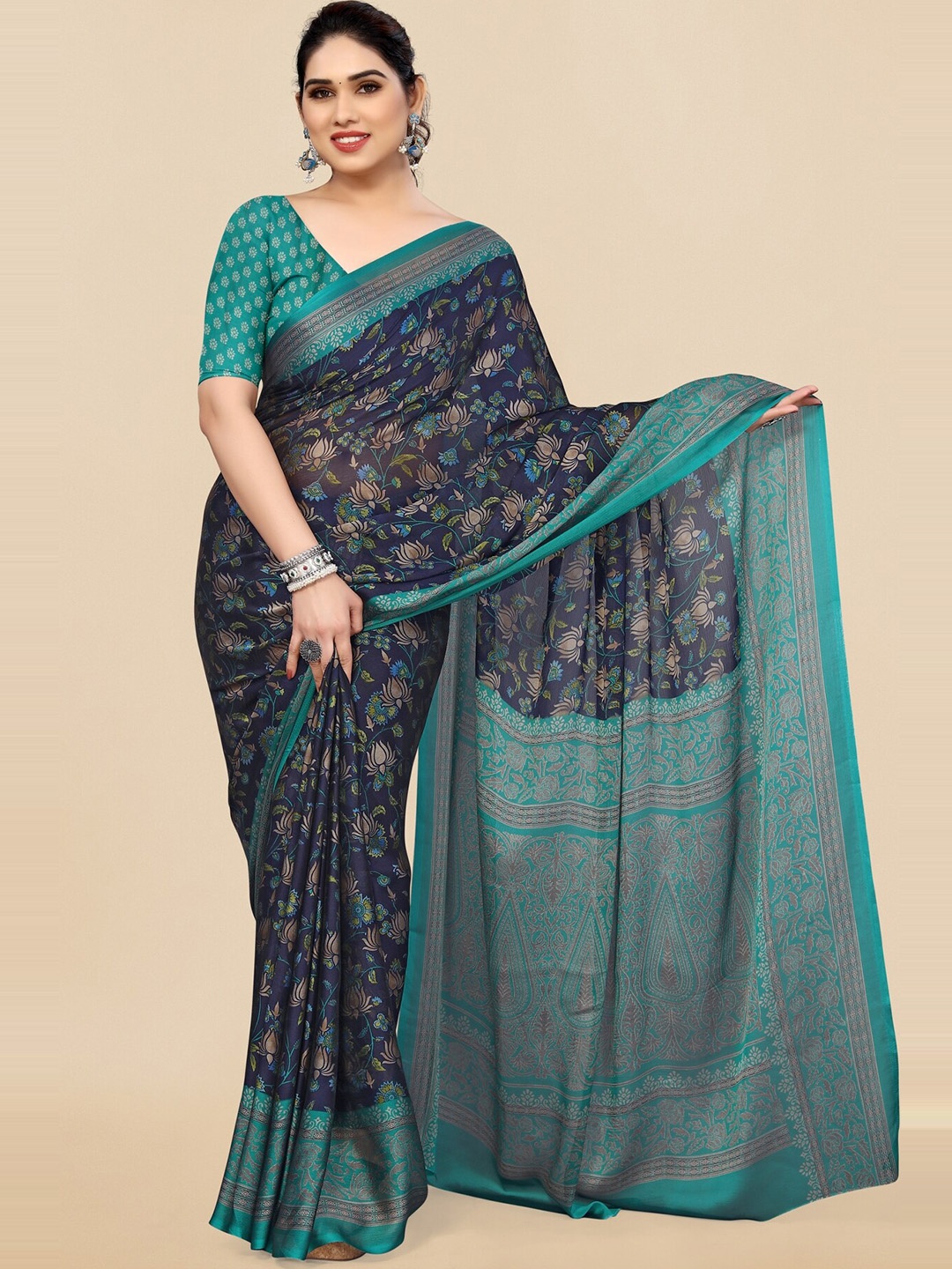 

KALINI Floral Printed Poly Chiffon Saree, Navy blue