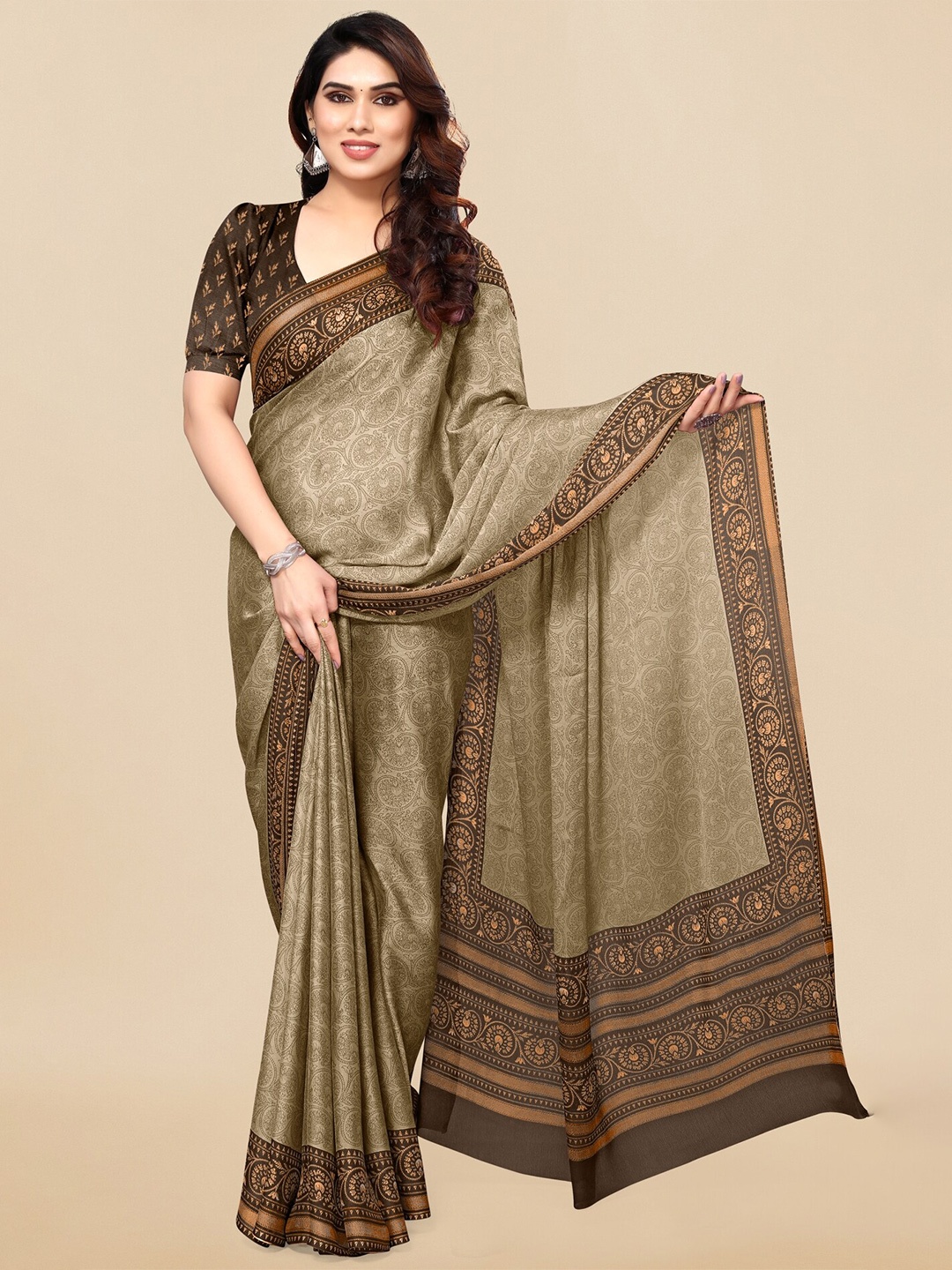 

KALINI Floral Printed Poly Chiffon Saree, Beige