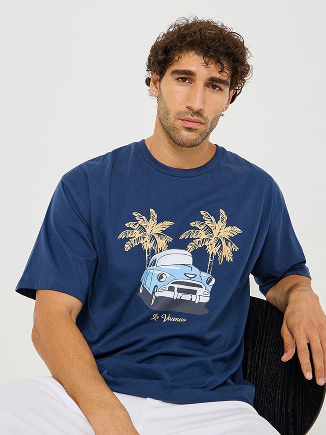 

Styli Navy Blue Graphic Printed Oversized Pure Cotton T-shirt