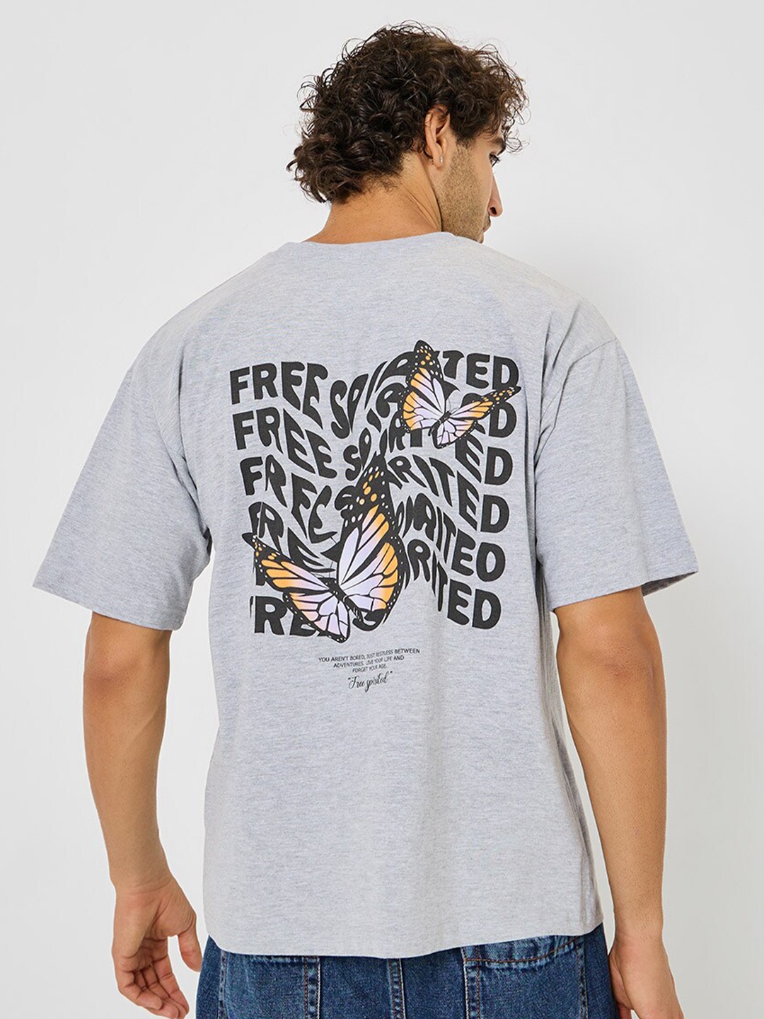 

Styli Grey Graphic Printed Oversized Pure Cotton T-shirt