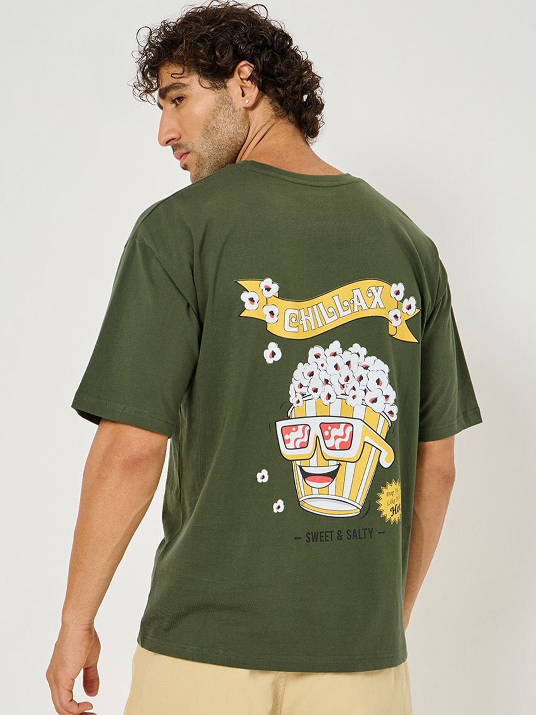 

Styli Graphic Printed Drop-Shoulder Sleeves Oversized Pure Cotton T-shirt, Olive