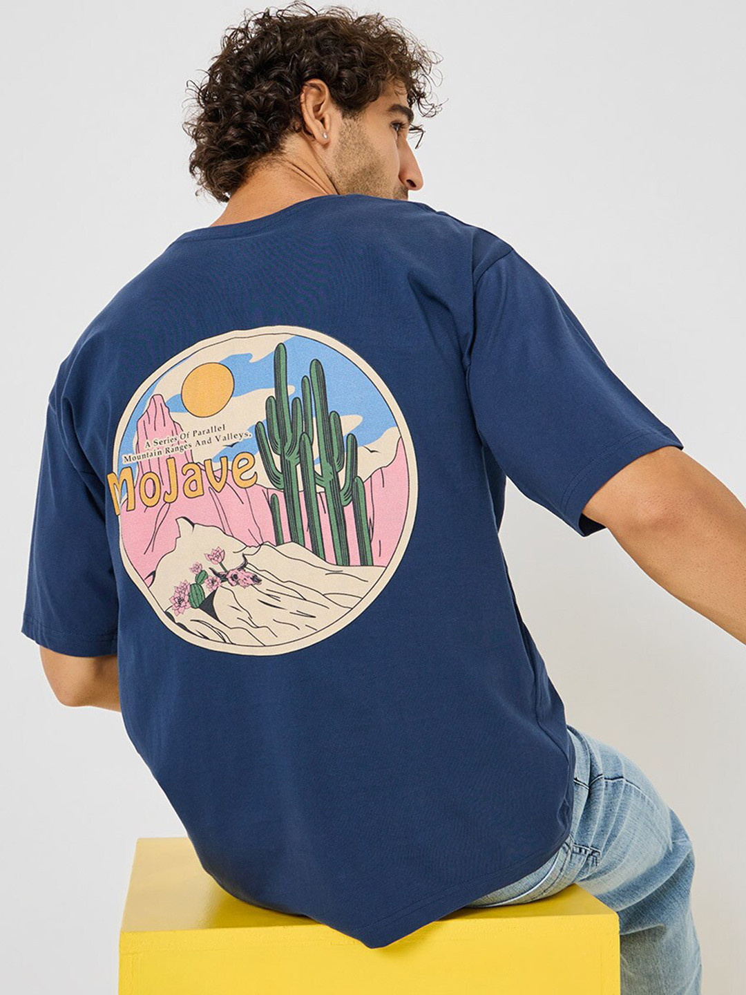 

Styli Graphic Printed Drop-Shoulder Sleeves Oversized Pure Cotton T-shirt, Navy blue