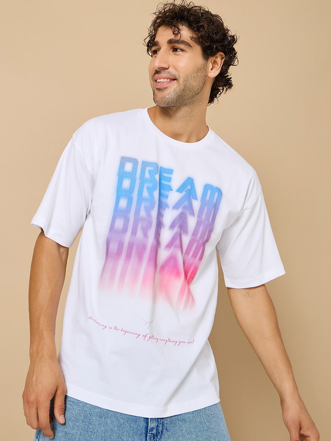 

Styli Typography Printed Drop-Shoulder Sleeves Oversized Pure Cotton T-shirt, White
