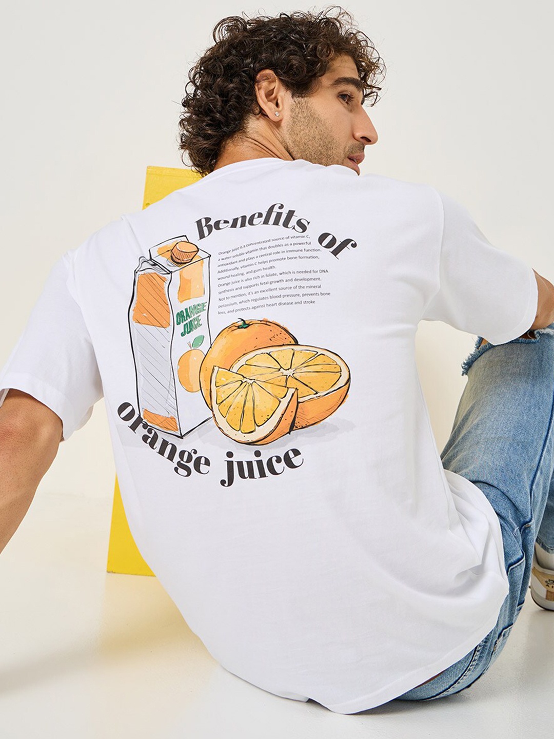 

Styli Graphic Printed Drop-Shoulder Sleeves Oversized Pure Cotton T-shirt, White