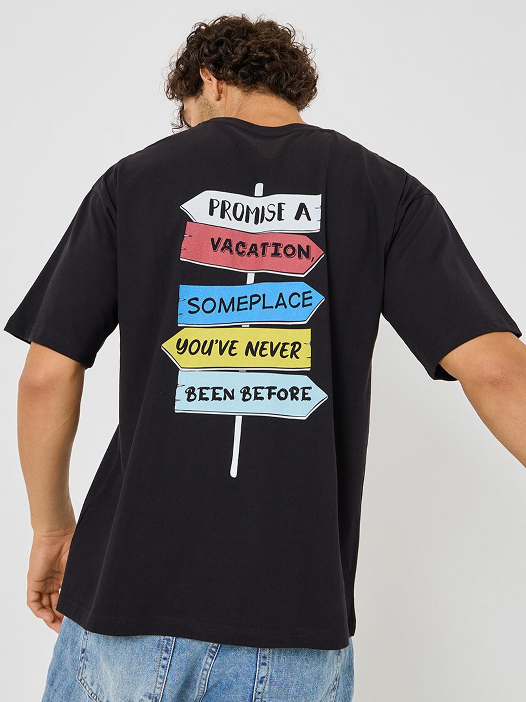 

Styli Typography Printed Drop-Shoulder Sleeves Oversized Pure Cotton T-shirt, Black