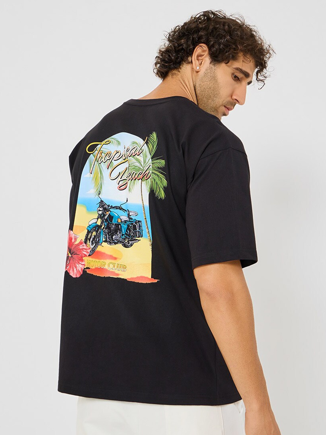 

Styli Back Tropical Beach Graphic Print Oversize T-Shirt, Black