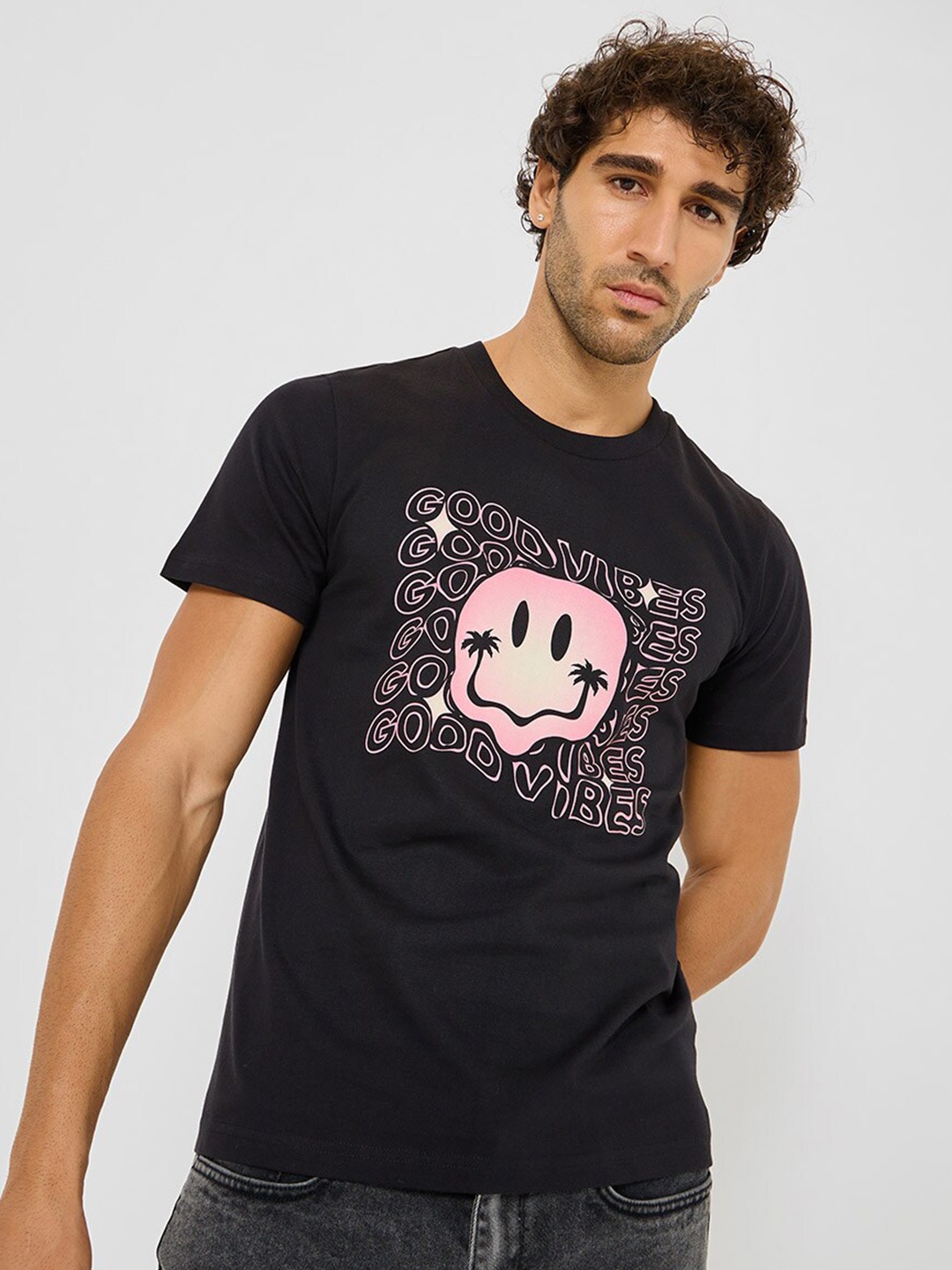 

Styli Graphic Printed Cotton T-shirt, Black