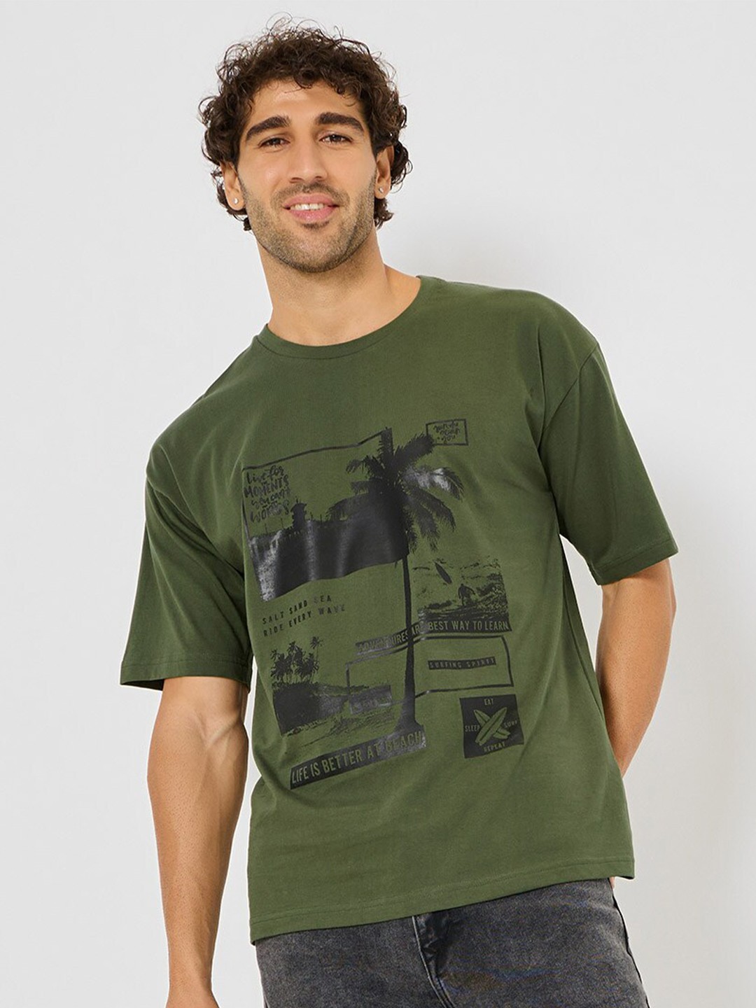

Styli Graphic Printed Cotton T-shirt, Olive