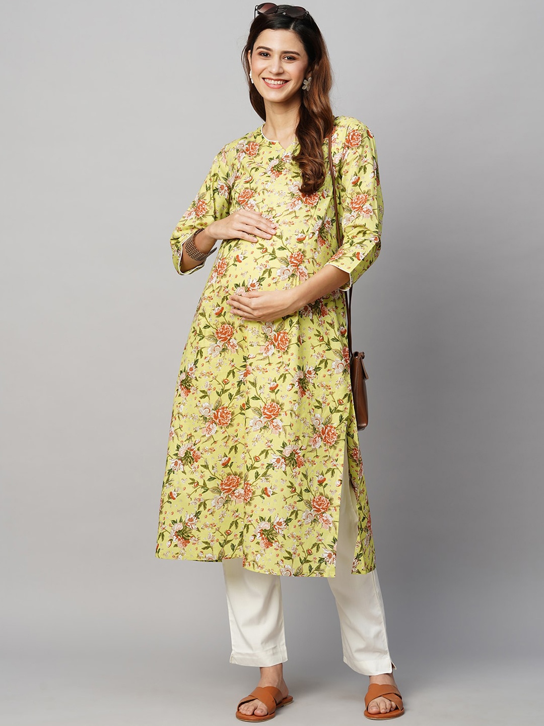 

MomToBe Floral Printed Round Neck Tie-Up Pure Cotton Maternity Sustainable Kurta, Yellow