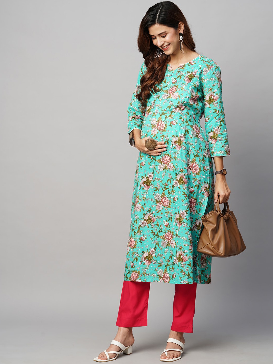 

MomToBe Floral Printed V-Neck Cotton Maternity Sustainable Kurta, Green