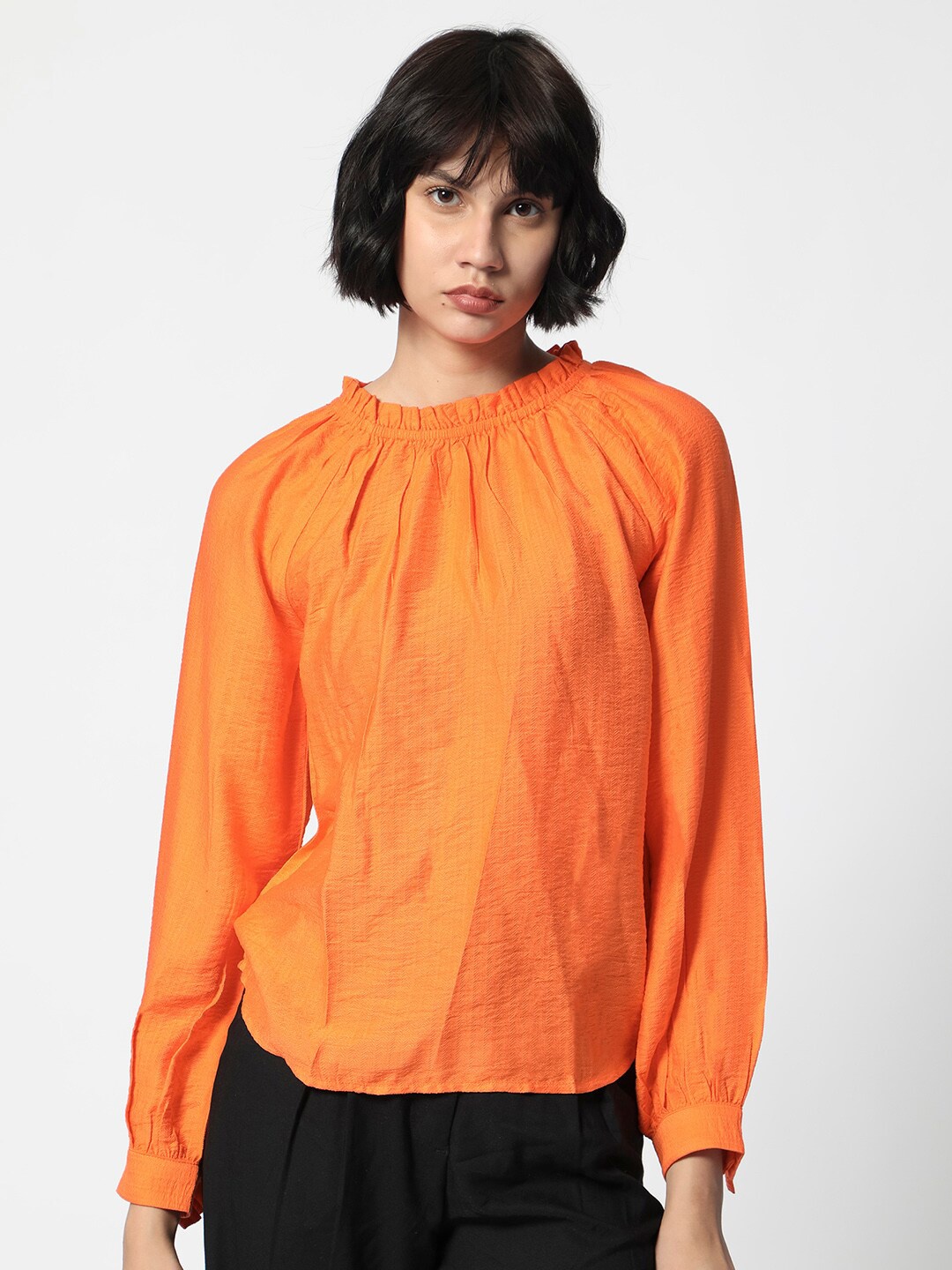 

RAREISM Round Neck Cuffed Sleeve Dopamine Formal Top, Orange