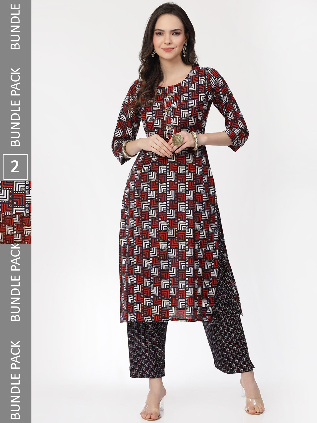 

KALINI Pack Of 2 Printed Regular Pure Cotton Kurta with Trousers, Red