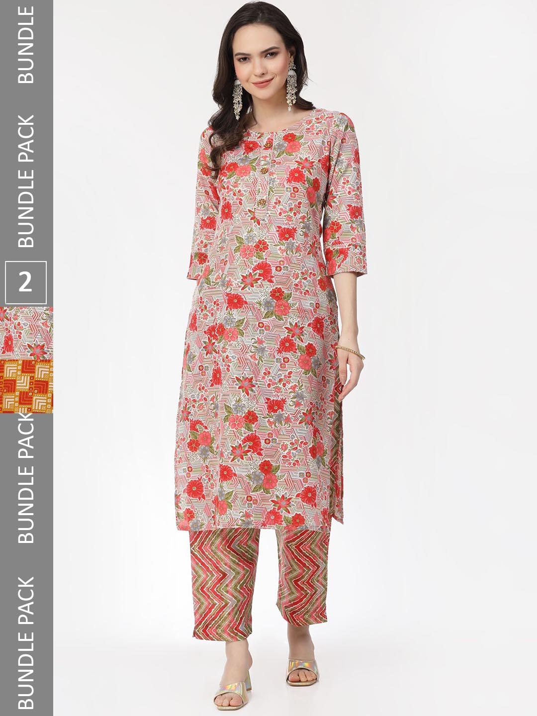 

KALINI Selection Of 2 Floral Printed Pure Cotton Kurta with Trousers, Pink
