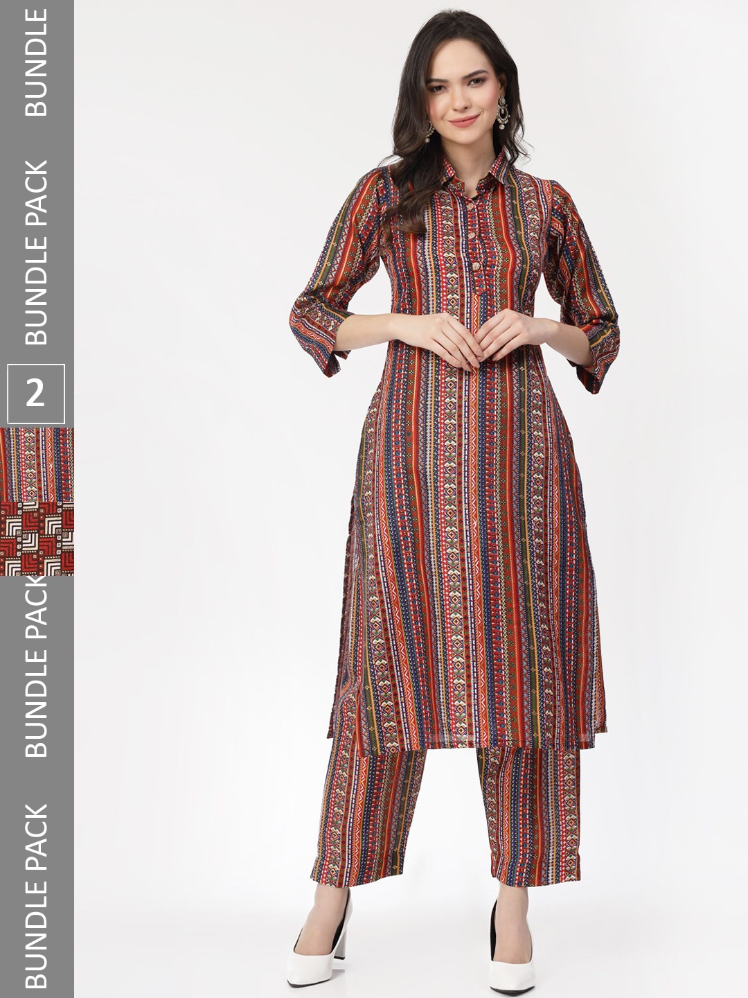 

KALINI Pack Of 2 Printed Regular Pure Cotton Kurta with Trousers, Red