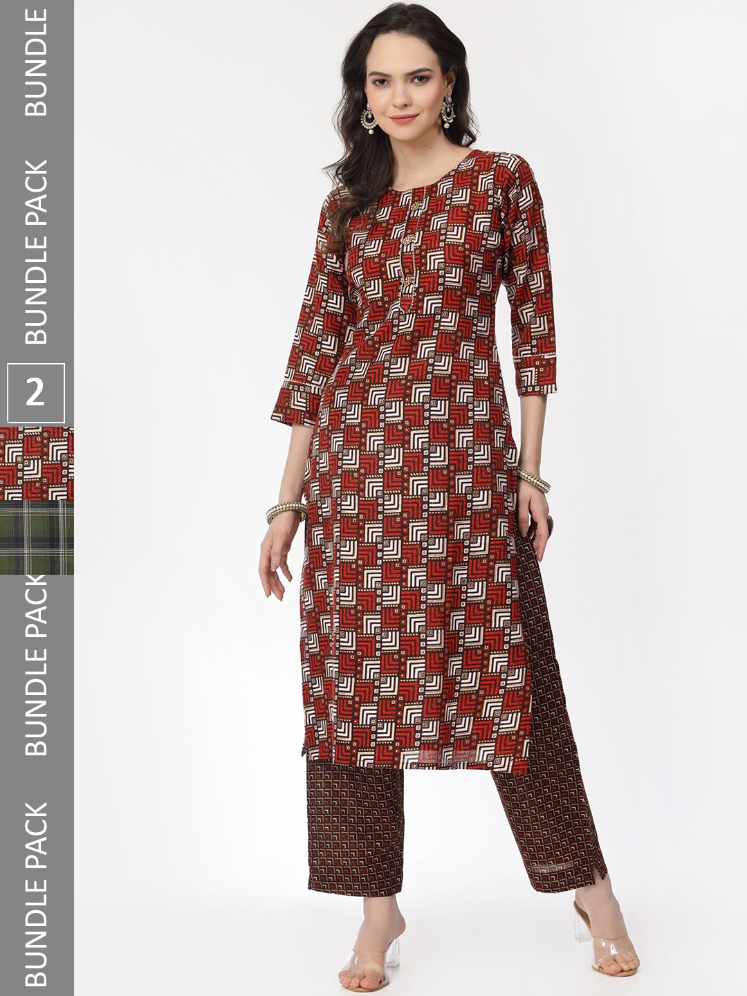 

KALINI Selection Of 2 Geometric Printed Pure Cotton Kurta with Trousers, Red
