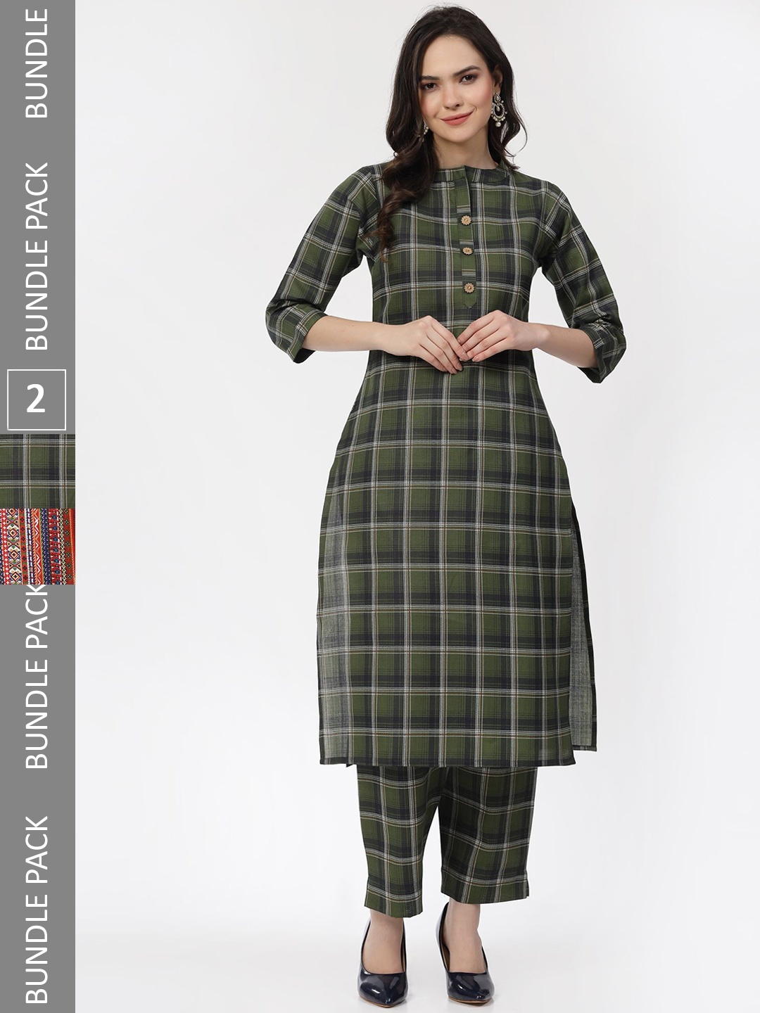 

KALINI Selection Of 2 Checked Printed Pure Cotton Kurta with Trousers, Red