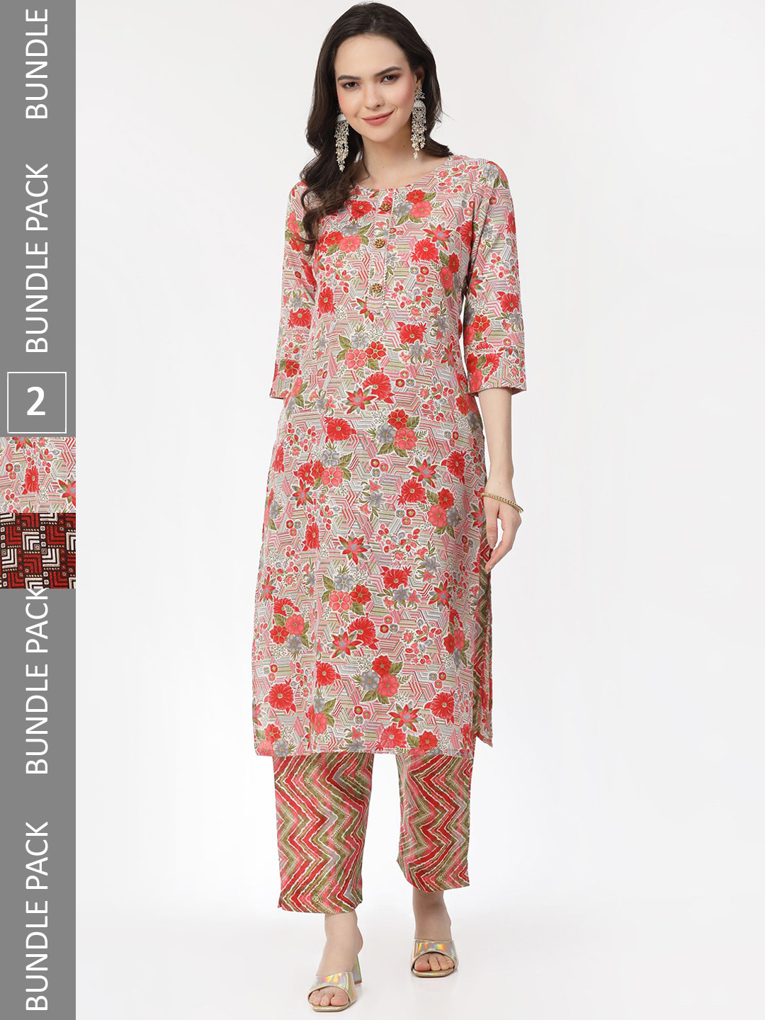 

KALINI Selection Of 2 Floral Printed Gotta Patti Pure Cotton Kurta with Trousers, Pink