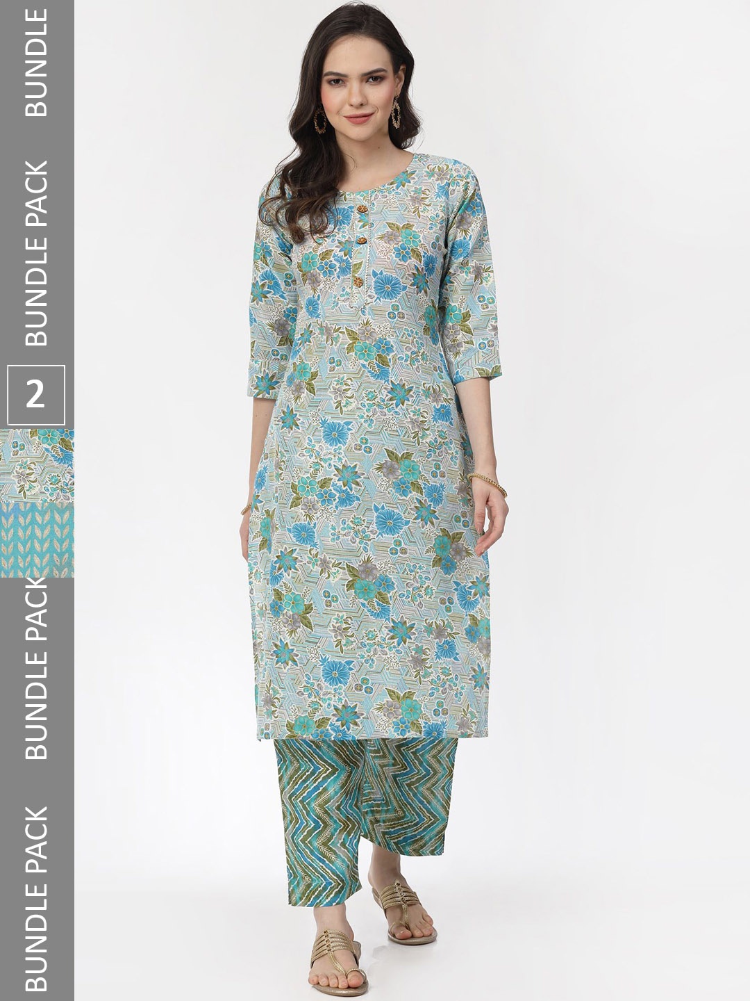 

KALINI Selection Of 2 Floral Printed Gotta Patti Pure Cotton Kurta with Trousers, Blue