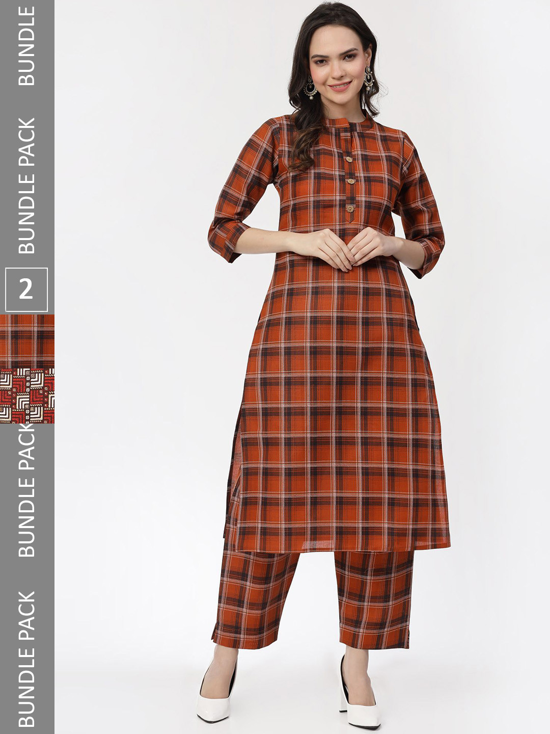 

KALINI Selection Of 2 Checked Pure Cotton Kurta with Trousers, Red