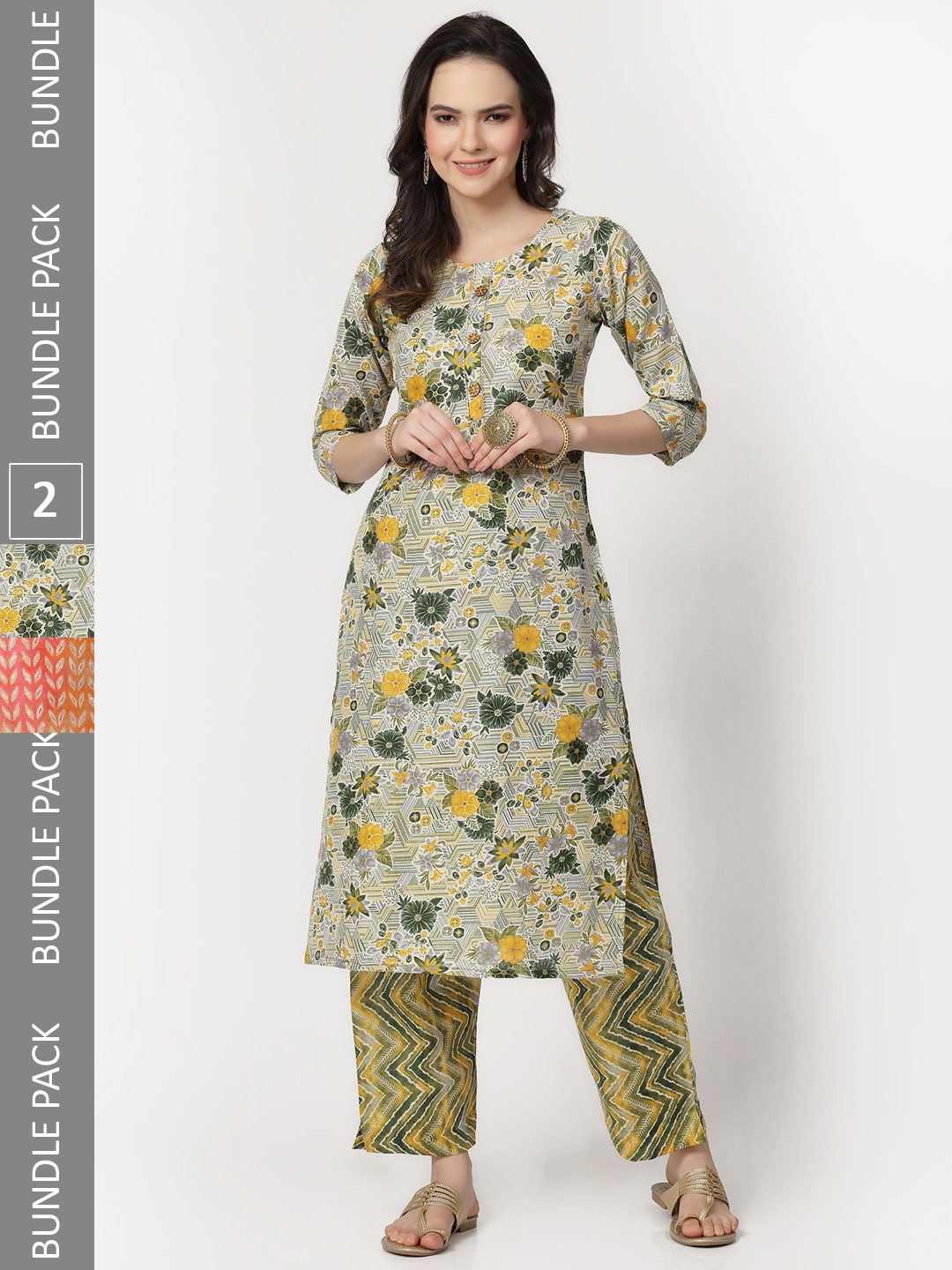 

KALINI Selection Of 2 Floral Printed Pure Cotton Kurta with Trousers, Green