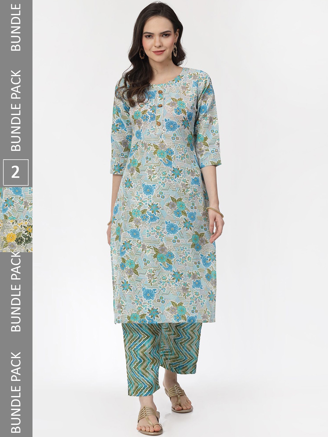 

KALINI Selection Of 2 Floral Printed Pure Cotton Kurta with Trousers, Green