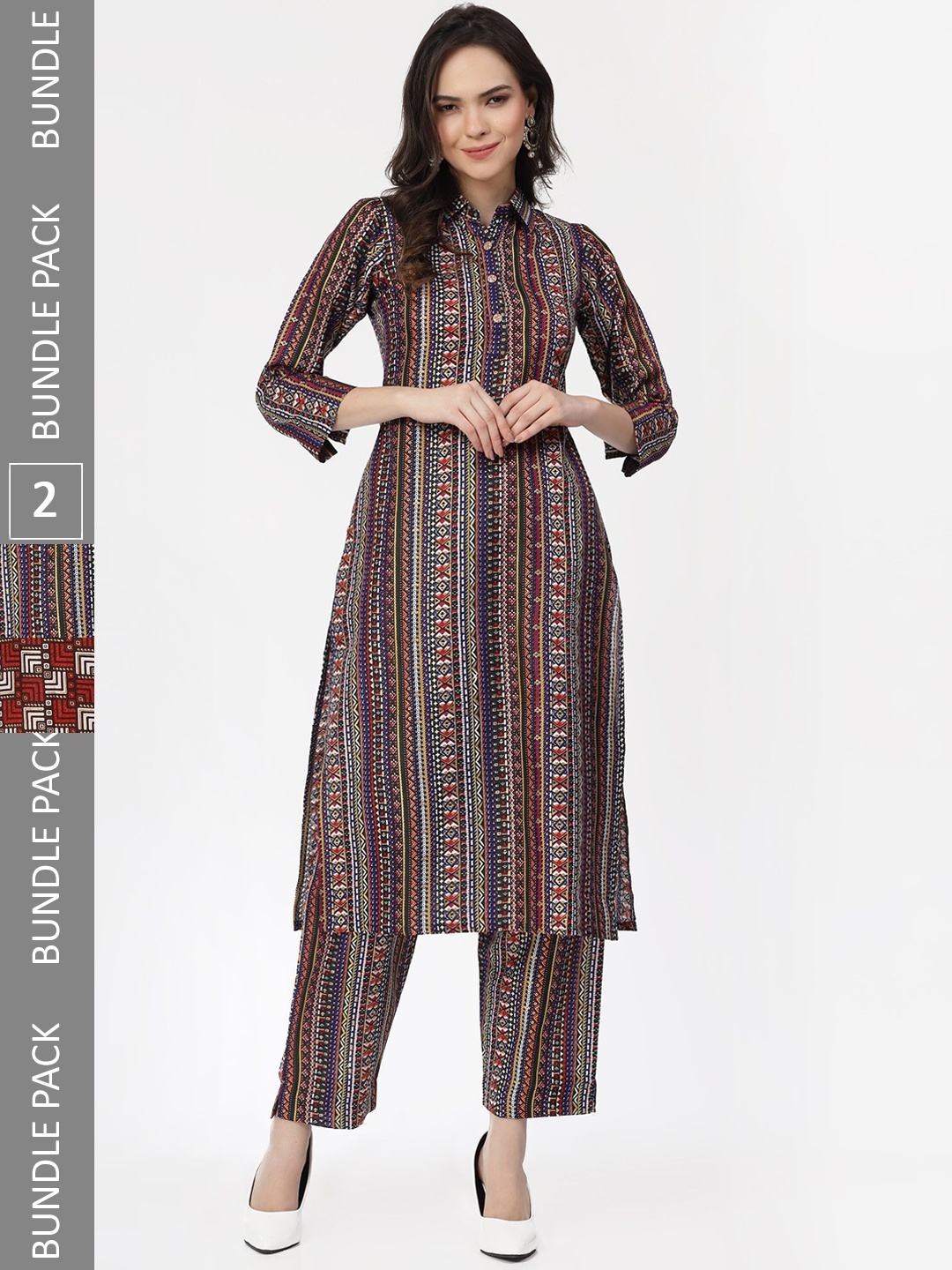 

KALINI Selection Of 2 Striped Pure Cotton Kurta with Trousers, Maroon