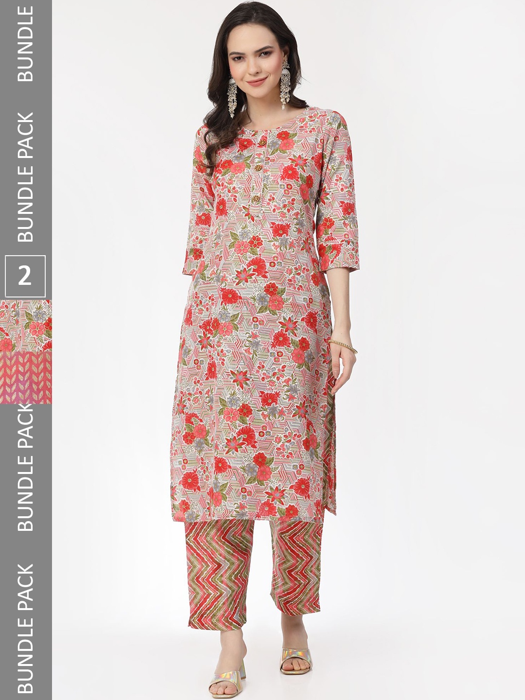

KALINI Selection Of 2 Floral Printed Gotta Patti Pure Cotton Kurta with Trousers, Pink