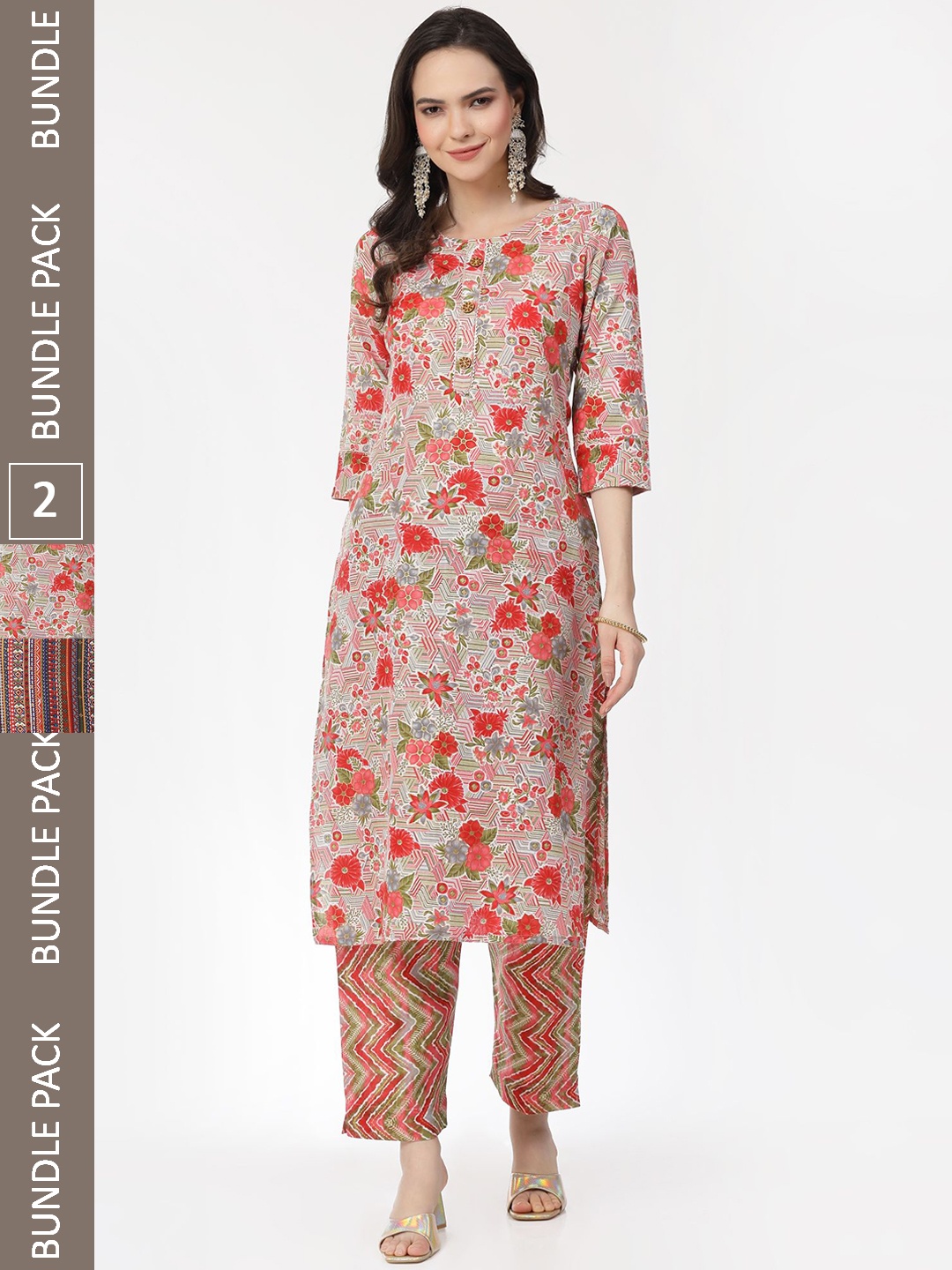 

KALINI Selection Of 2 Floral Printed Pure Cotton Kurta with Trousers, Green