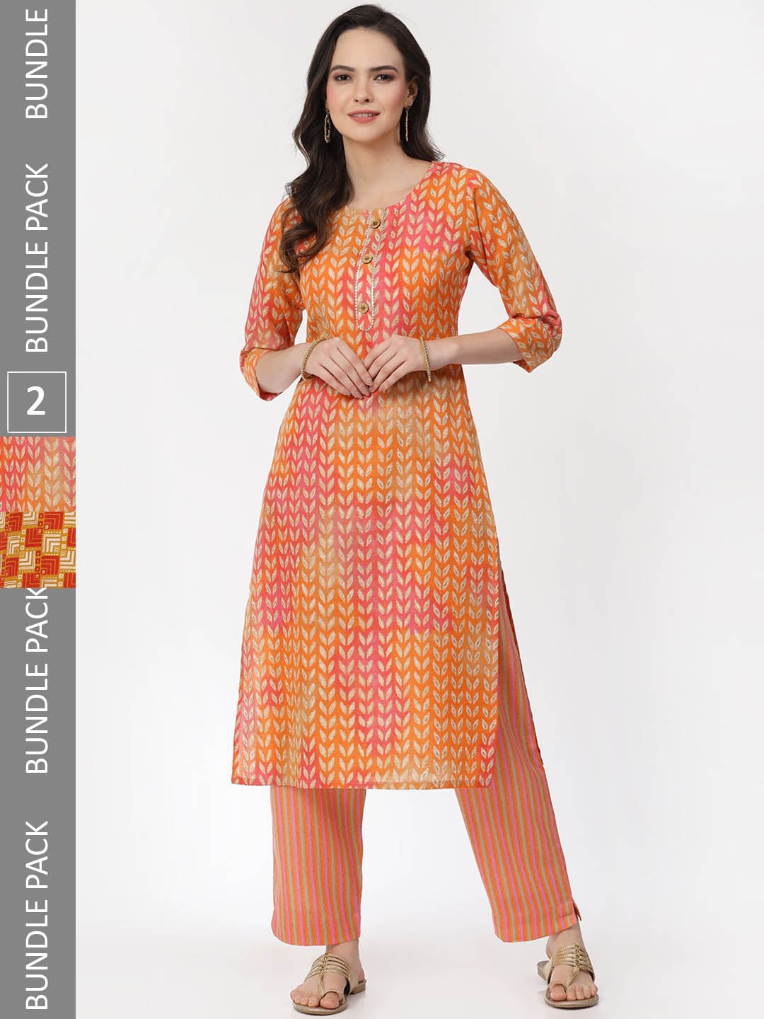 

KALINI Pack Of 2 Floral Printed Pure Cotton Kurta With Trousers, Orange