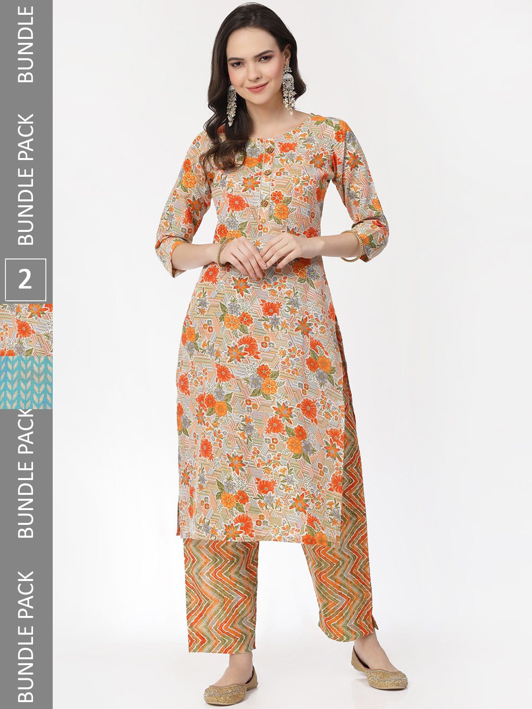 

KALINI Selection Of 2 Floral Printed Gotta Patti Pure Cotton Kurta with Trousers, Blue