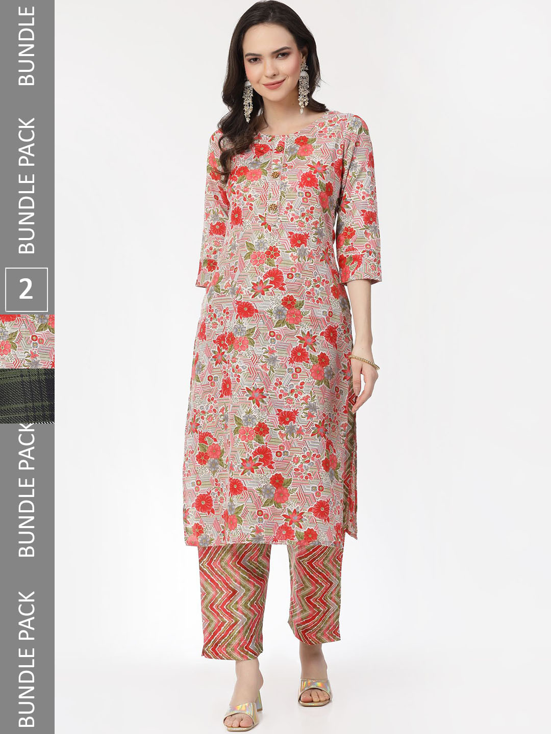 

KALINI Selection Of 2 Floral Printed Gotta Patti Pure Cotton Kurta with Trousers, Green
