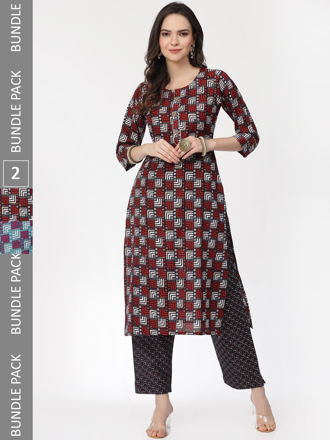 

KALINI Pack Of 2 Geometric Printed Pure Cotton Kurta With Trousers, Red