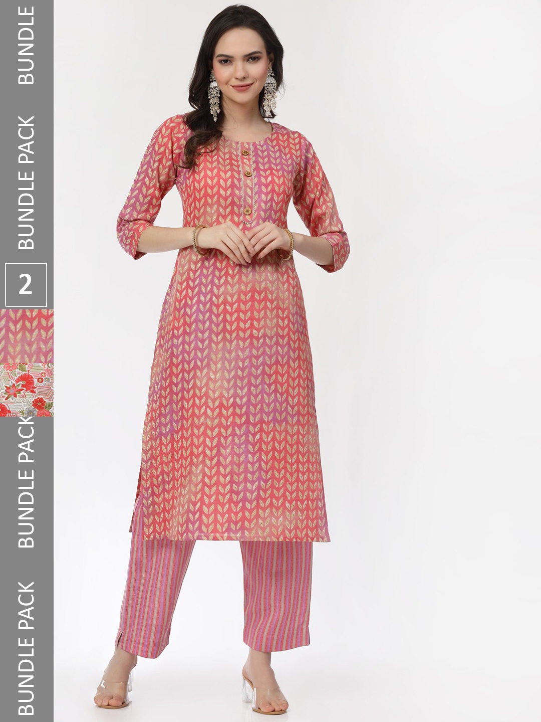

KALINI Pack Of 2 Floral Printed Pure Cotton Kurta With Trousers, Pink