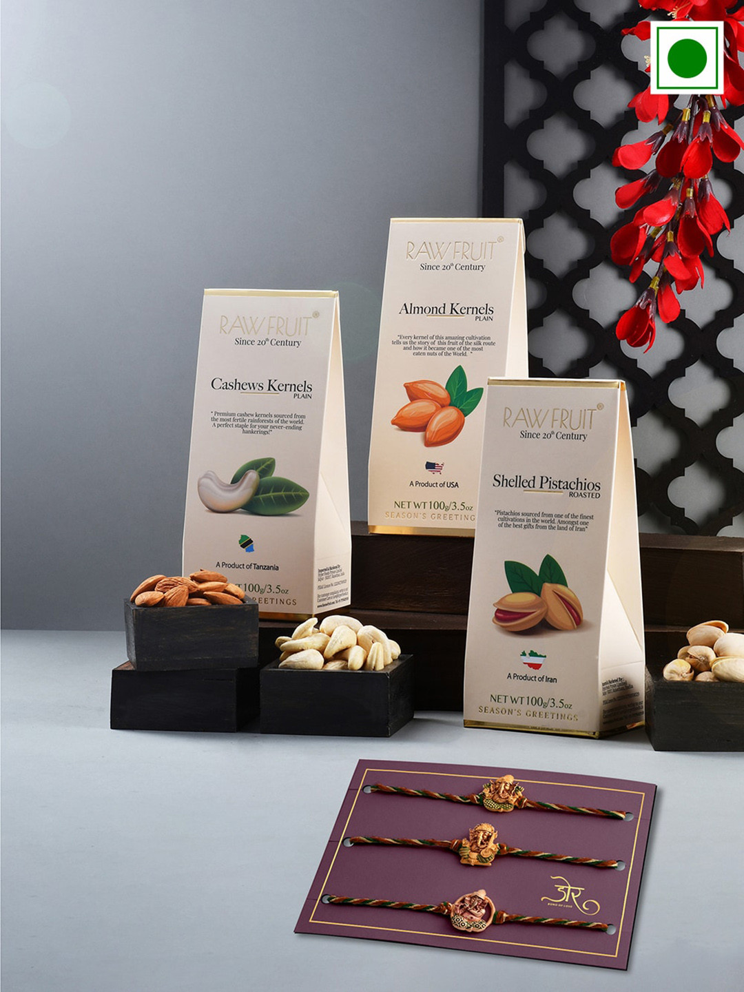 

RawFruit Set Of 3 Dryfruits-100g Each With 3 Rakhis, White