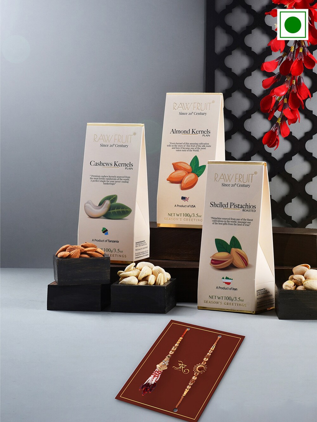 

RawFruit Set Of 3 Dryfruits With 2 Rakhi - 300g, White