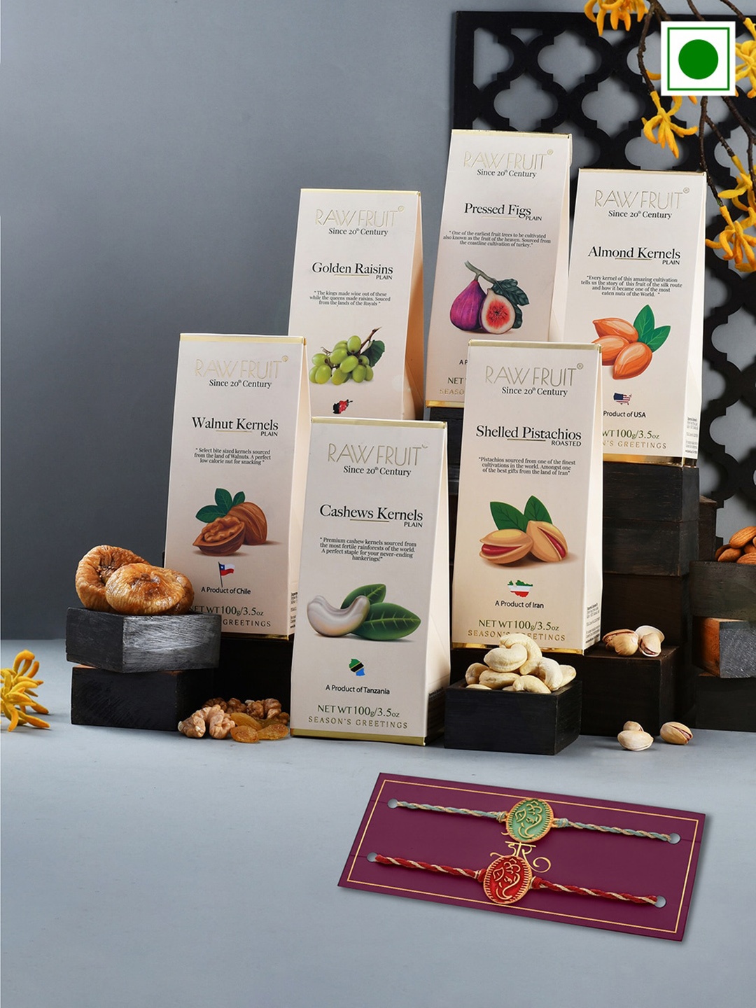 

RawFruit Set Of 6 Dryfruits-100g Each With 3 Rakhis, White