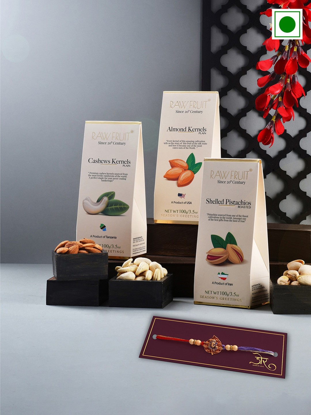 

RawFruit Set Of 3 Dryfruits-100g Each With 1 Rakhi, White