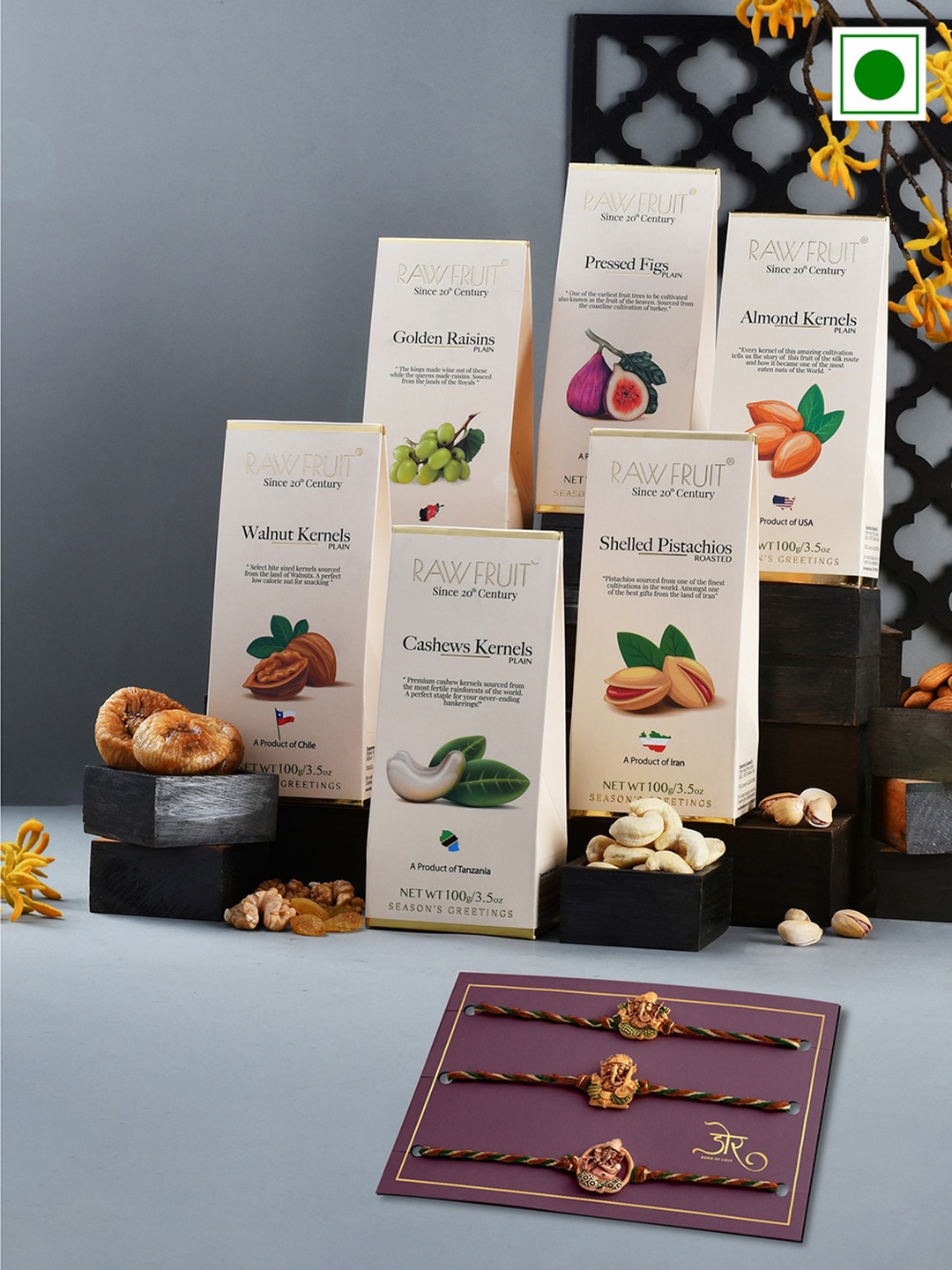 

RawFruit Set Of 6 Dryfruits With 3 Rakhi - 600g, White
